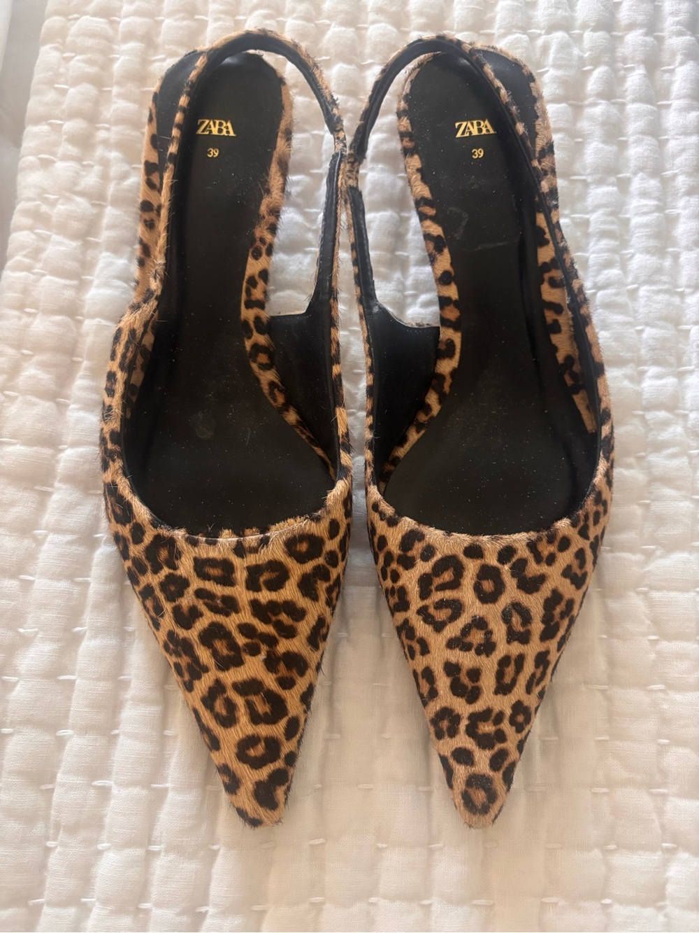 ZARA Leopard Print Pointed Slingback Kitten Heels, size 39